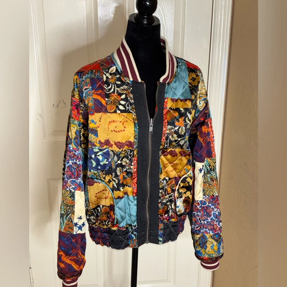 Free People Pandora Bomber Patchwork Jacket Reversible Zip Up XS $248 - Picture 5 of 13